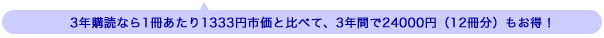 3年購読なら1冊あたり1333円市価と比べて、3年間で24000円(12冊分)もお得!