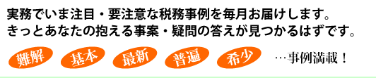 実務でいま注目・要注意な税務事例を毎月お届けします。きっとあなたの抱える事案・疑問の答えが見つかるはずです。難解　基本　最新　普遍　希少…事例満載！